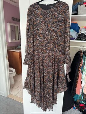 Halogen Black Paisley Asymmetrical Midi Dress with Rust Accents